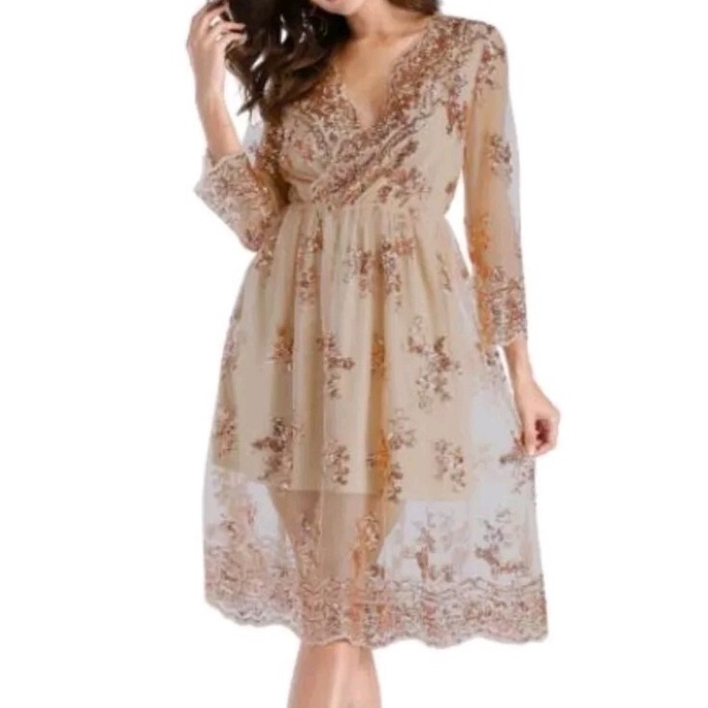 Rouge! Floral Embroidered Long Sleeve Dress in Tan